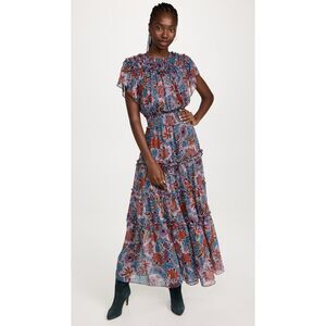 Misa Suki Cerulean Flora Metallic Chiffon Floral Ruffle Midi Dress